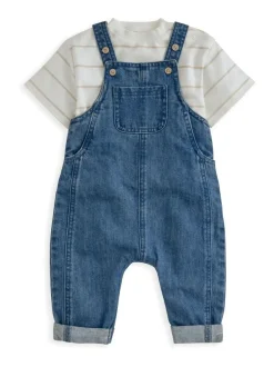 Mamas & Papas Blue Stripe T-Shirt And Denim Dungaree Set Clearance