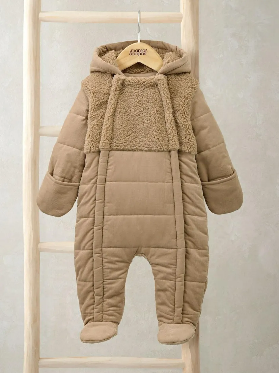 Mamas & Papas Brown Quilted Cord and Borg Pramsuit with 3D Ears New