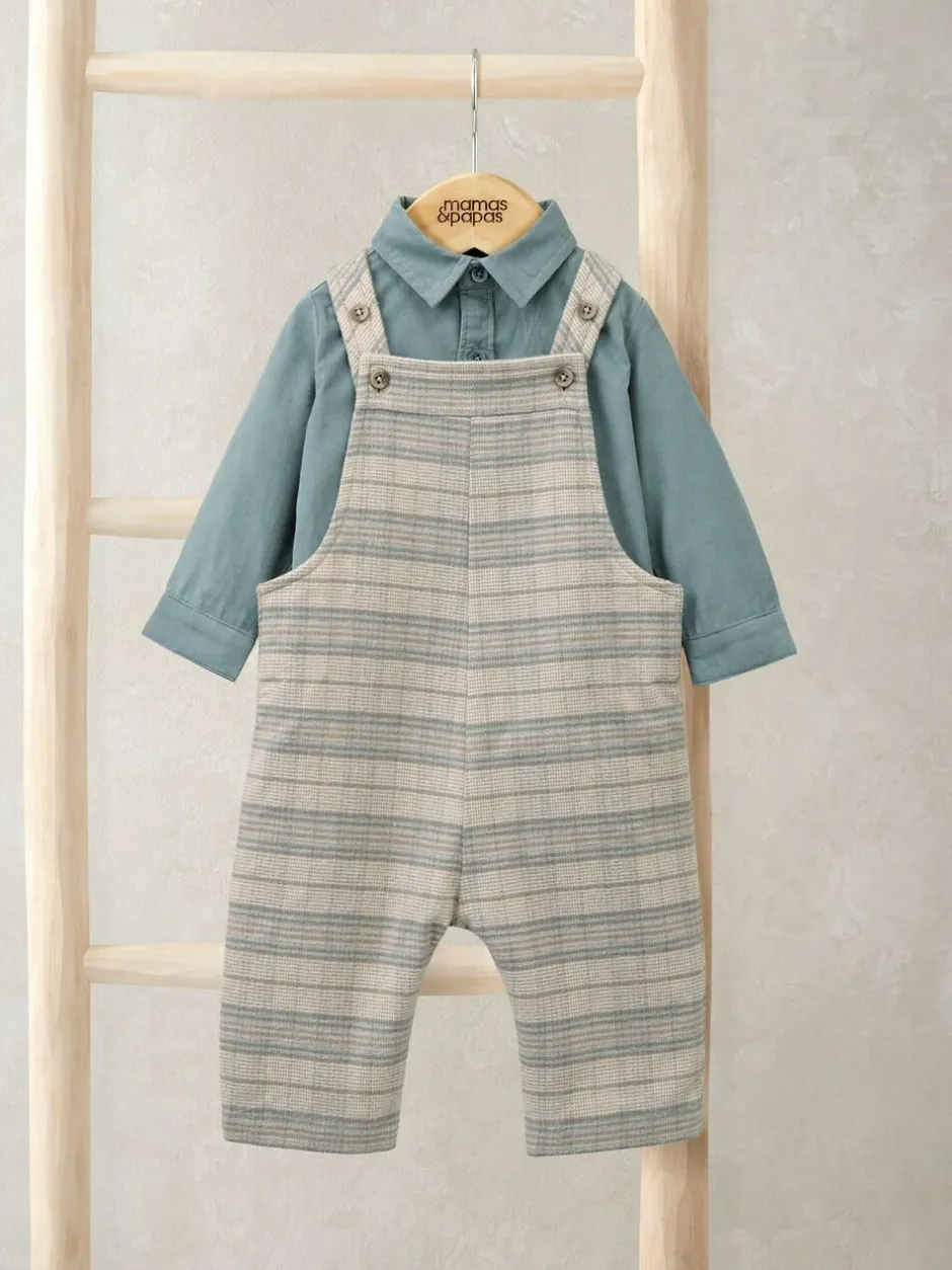 Mamas & Papas Cream Check Dungarees & Striped Shirt Set Clearance