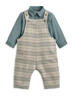 Mamas & Papas Cream Check Dungarees & Striped Shirt Set Clearance
