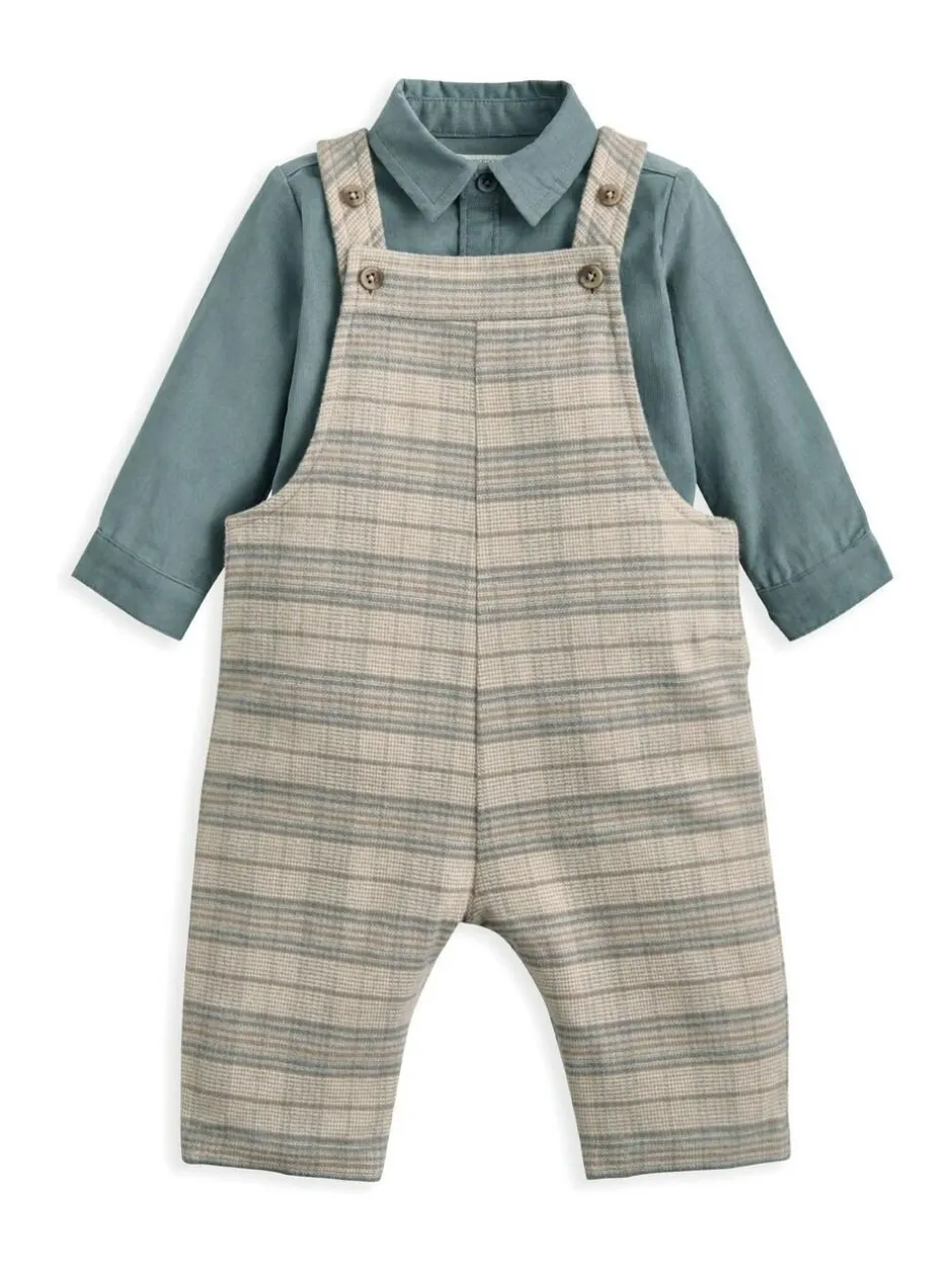 Mamas & Papas Cream Check Dungarees & Striped Shirt Set Clearance