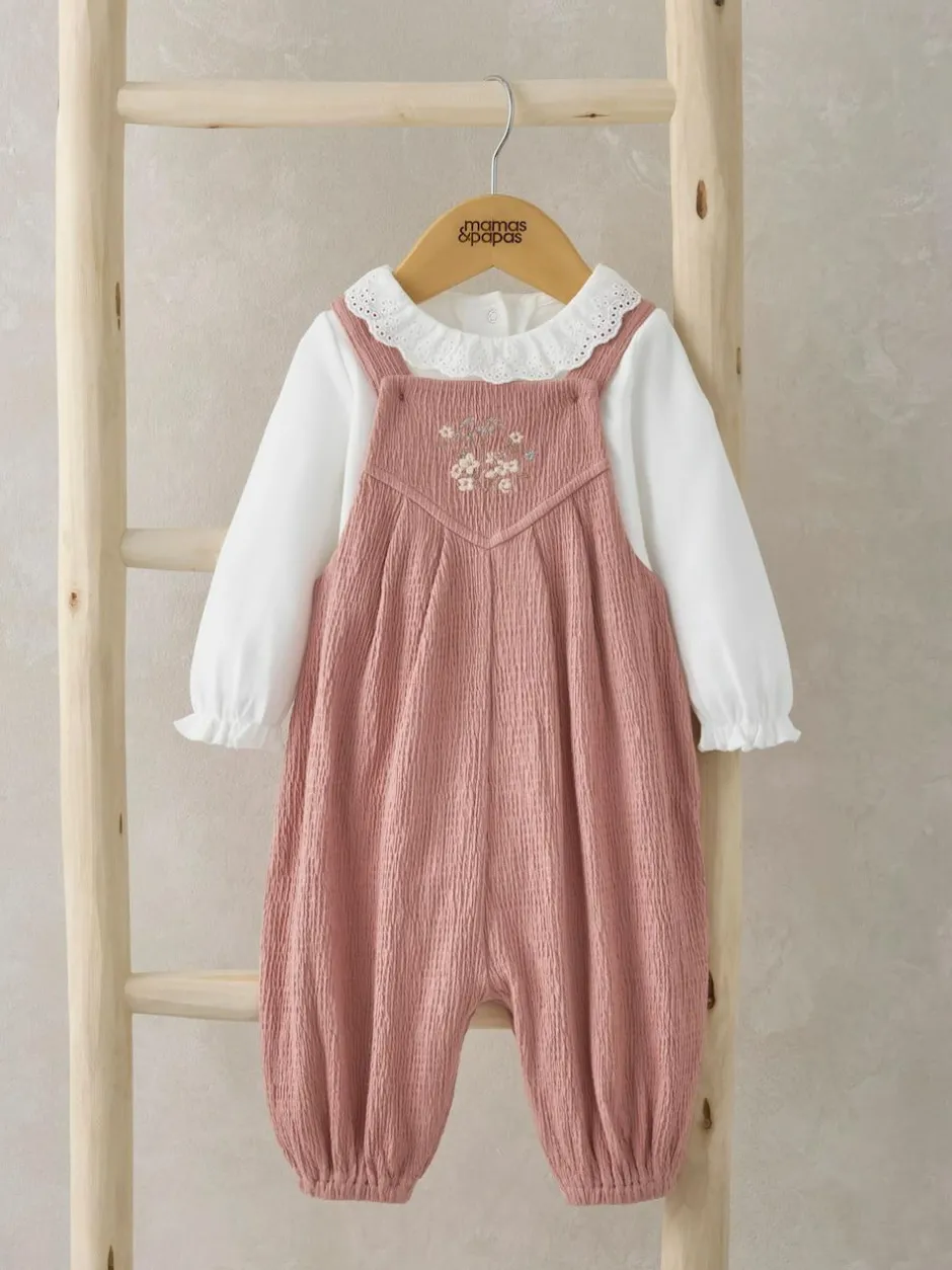 Mamas & Papas Pink 100% Cotton Crinkle Dungaree And Bodysuit Set Sale