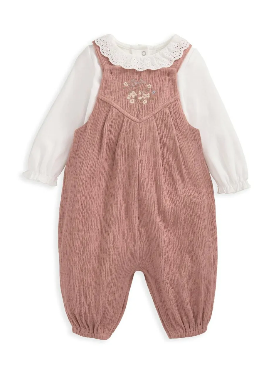 Mamas & Papas Pink 100% Cotton Crinkle Dungaree And Bodysuit Set Sale