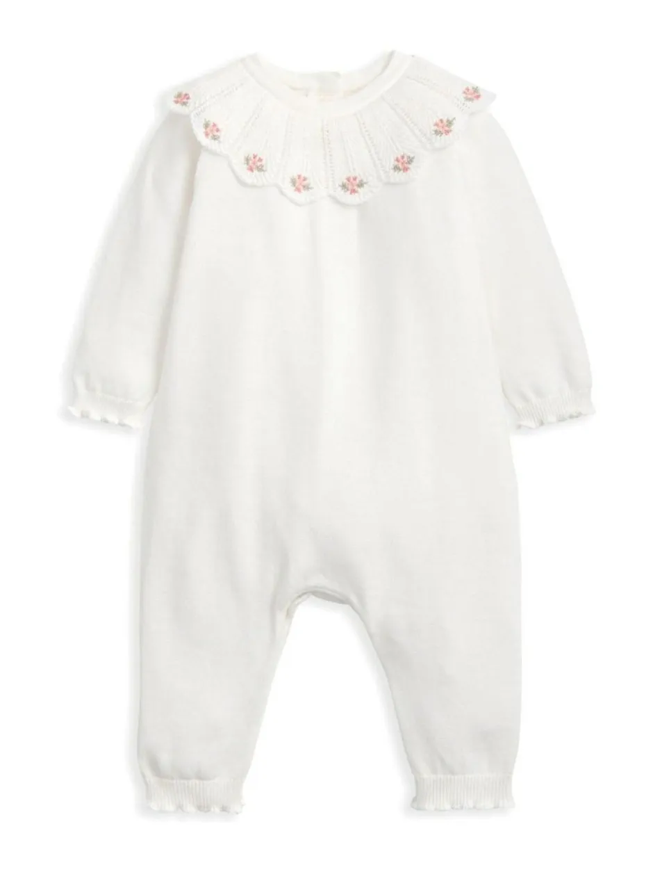 Mamas & Papas White Embroidered Scallop Collar Romper with Frill Trim Best