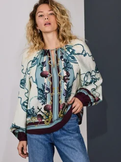 Next Keyhole Detail Relaxed Long Sleeve Blouse Marine Border Print