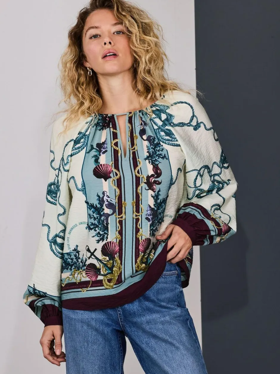 Next Keyhole Detail Relaxed Long Sleeve Blouse Marine Border Print