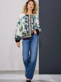 Next Keyhole Detail Relaxed Long Sleeve Blouse Marine Border Print