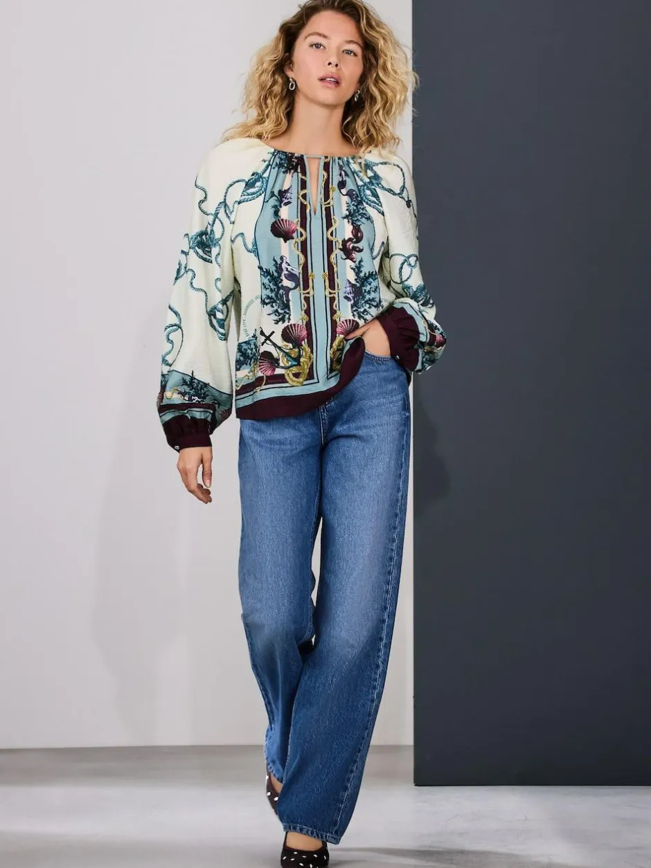 Next Keyhole Detail Relaxed Long Sleeve Blouse Marine Border Print