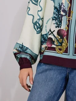 Next Keyhole Detail Relaxed Long Sleeve Blouse Marine Border Print