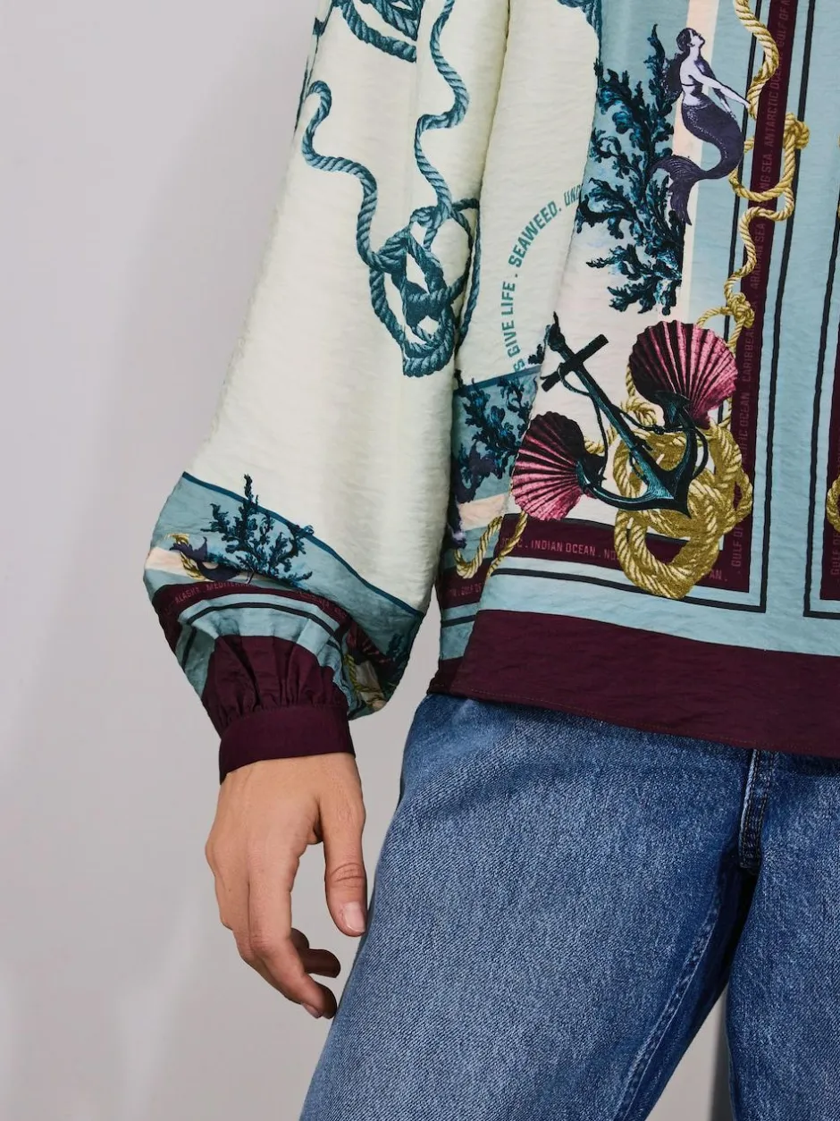 Next Keyhole Detail Relaxed Long Sleeve Blouse Marine Border Print