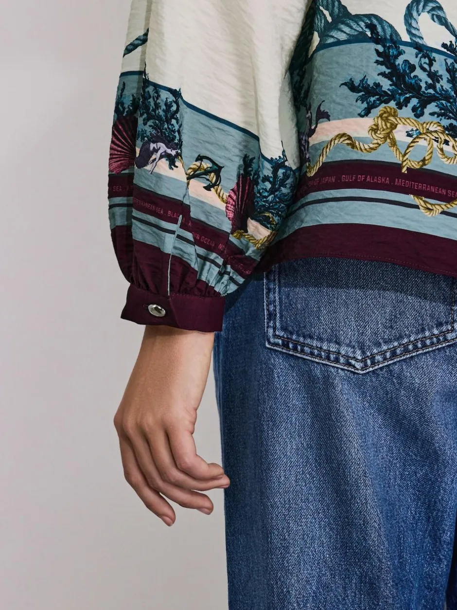 Next Keyhole Detail Relaxed Long Sleeve Blouse Marine Border Print