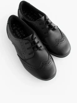 Next Standard Fit (F) Leather Brogue Lace-Up School Shoes Matt Black Outlet