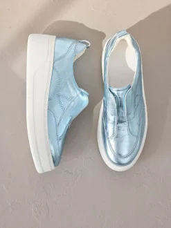 Next Slip On Signature Leather Chunky Wedge Platform Trainers Metallic Outlet