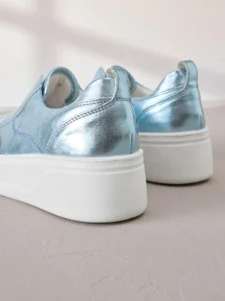 Next Slip On Signature Leather Chunky Wedge Platform Trainers Metallic Outlet