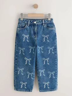 Next Mid Blue Barrel Fit Wide Floral Print Embellished Jeans (3-16yrs) Best