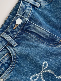 Next Mid Blue Barrel Fit Wide Floral Print Embellished Jeans (3-16yrs) Best