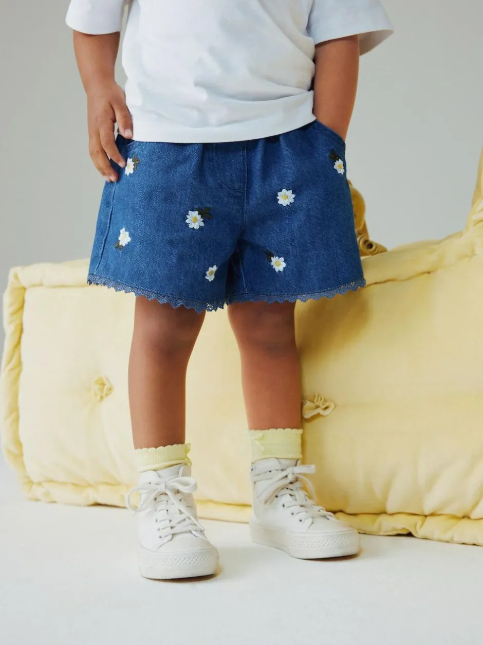 Next Mid Blue Daisy Embroidered Denim Shorts (3mths-7yrs) New