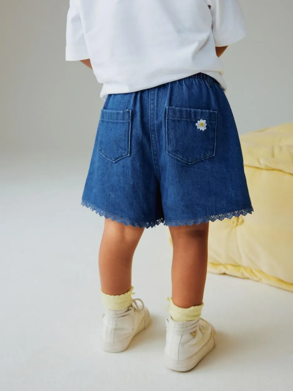 Next Mid Blue Daisy Embroidered Denim Shorts (3mths-7yrs) New