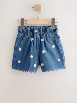 Next Mid Blue Daisy Embroidered Denim Shorts (3mths-7yrs) New