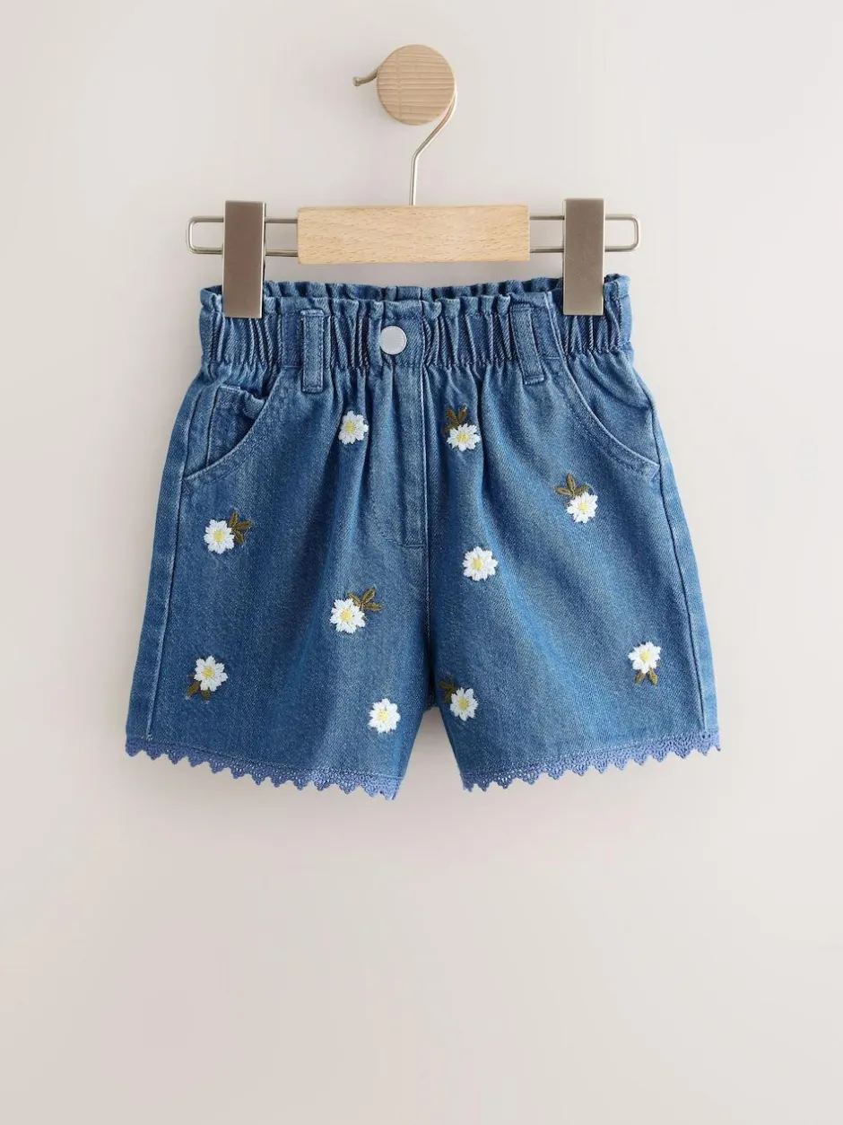Next Mid Blue Daisy Embroidered Denim Shorts (3mths-7yrs) New