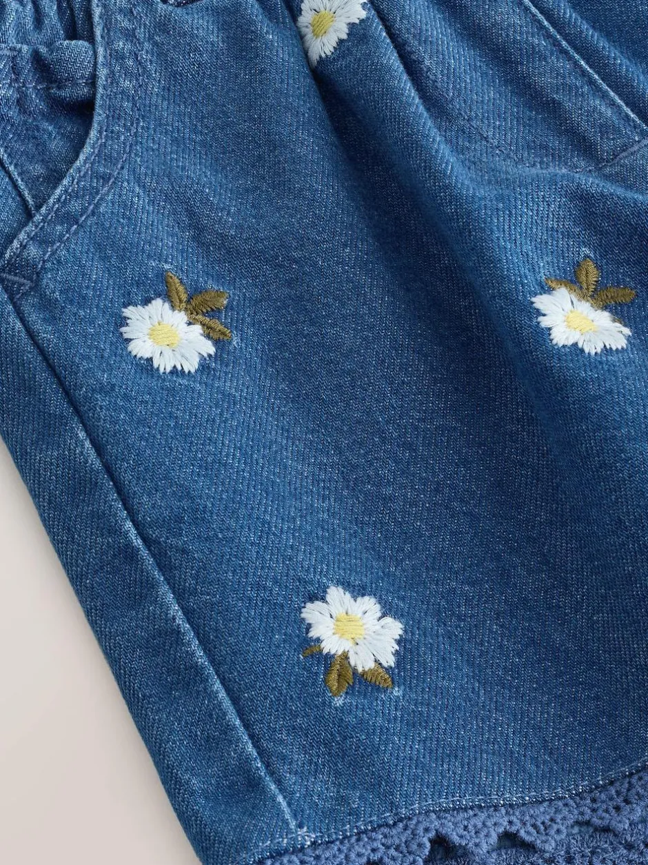 Next Mid Blue Daisy Embroidered Denim Shorts (3mths-7yrs) New