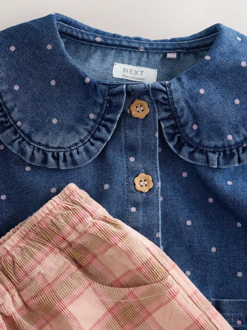 Next Mid Blue Denim Shirt and Check Trousers Set (3mths-7yrs)