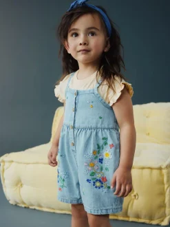 Next Mid Blue Floral Embroidered Denim Playsuit and T-Shirt (3mths-7yrs) New