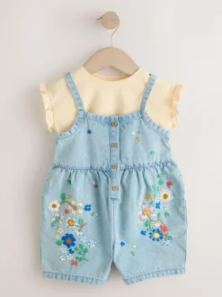 Next Mid Blue Floral Embroidered Denim Playsuit and T-Shirt (3mths-7yrs) New