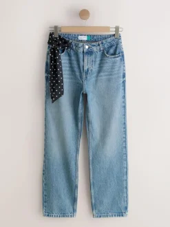 Next Mid Rise Ankle Straight Leg Jeans With Scarf Mid Blue Polka Dot Clearance