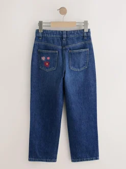 Next Mid Blue Regular Fit Floral Embroidered Straight Leg Jeans (3-16yrs)