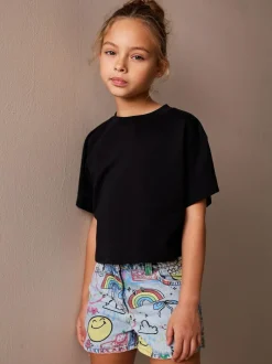 Next Mid Blue SmileyWorld® Graffiti Print Denim Shorts (3-16yrs) Clearance