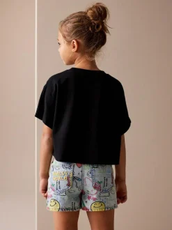 Next Mid Blue SmileyWorld® Graffiti Print Denim Shorts (3-16yrs) Clearance