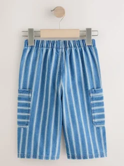 Next Wide Leg Pull On Cargo 100% Cotton Jeans (3mths-7yrs) Mid Blue Stripe New