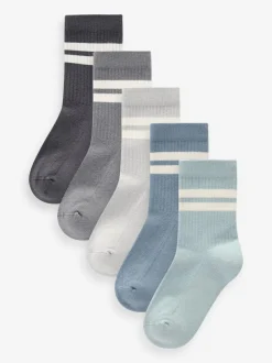 Next Mineral Blue/Grey Cushioned Footbed Cotton Rich Ribbed Tipped Socks 5 Pack New