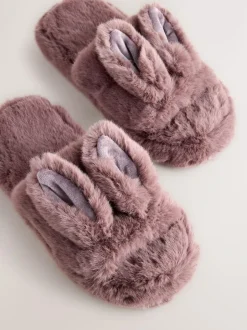 Next Mink Brown Bunny Faux Fur Slider Slippers New