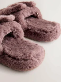 Next Mink Brown Bunny Faux Fur Slider Slippers New