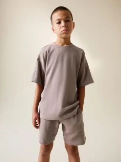 Next Textured Short Sleeve T-Shirt and Shorts Set (3-16yrs) Mink Brown Outlet