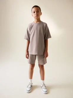 Next Textured Short Sleeve T-Shirt and Shorts Set (3-16yrs) Mink Brown Outlet