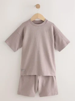 Next Textured Short Sleeve T-Shirt and Shorts Set (3-16yrs) Mink Brown Outlet