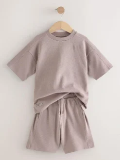 Next Textured Short Sleeve T-Shirt and Shorts Set (3-16yrs) Mink Brown Outlet