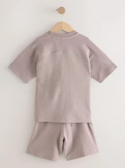 Next Textured Short Sleeve T-Shirt and Shorts Set (3-16yrs) Mink Brown Outlet