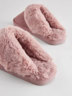Next Mink Pink Faux Fur Lined Suede Mule Slippers New