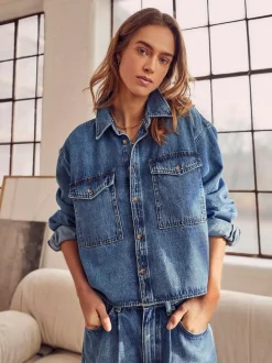 Mint Velvet Blue 100% Cotton Cropped Denim Shirt Hot