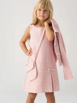 Miss Pink Tweed Check Jacket, Dress and Bag Set New