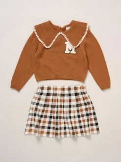 Miss True Knit Brown Jumper with Woven Collar and Check Skirt Set Best