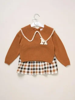 Miss True Knit Brown Jumper with Woven Collar and Check Skirt Set Best