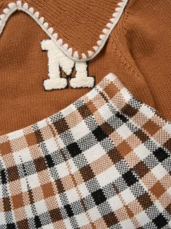 Miss True Knit Brown Jumper with Woven Collar and Check Skirt Set Best