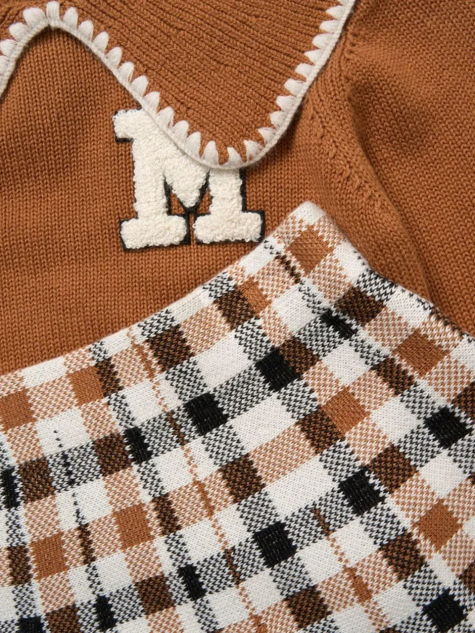 Miss True Knit Brown Jumper with Woven Collar and Check Skirt Set Best