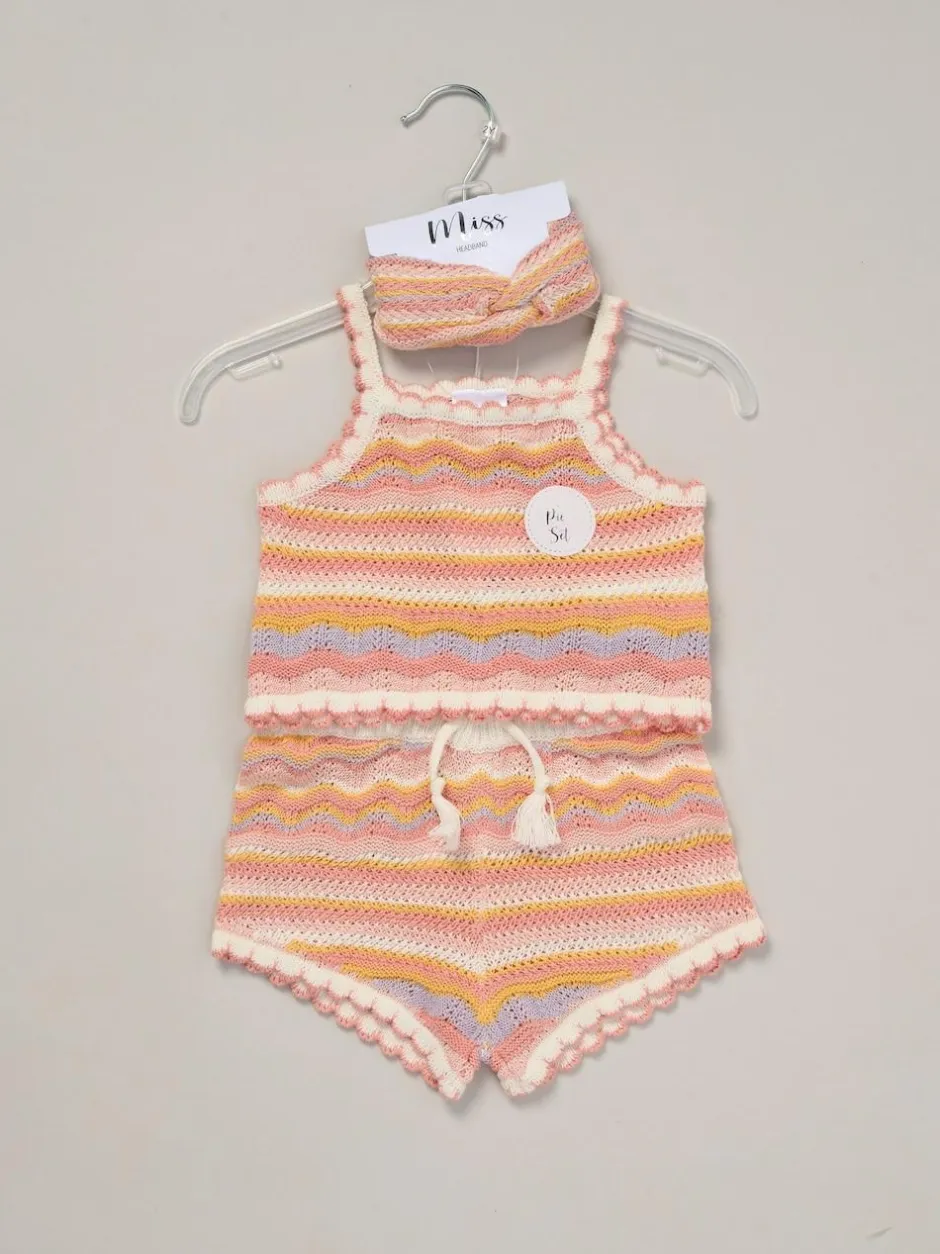 Miss True Knit Top Shorts and Headband Outfit Set Orange New