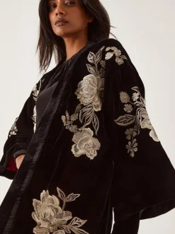 Monsoon Black Fia Floral Embroidered Velvet Kimono Clearance